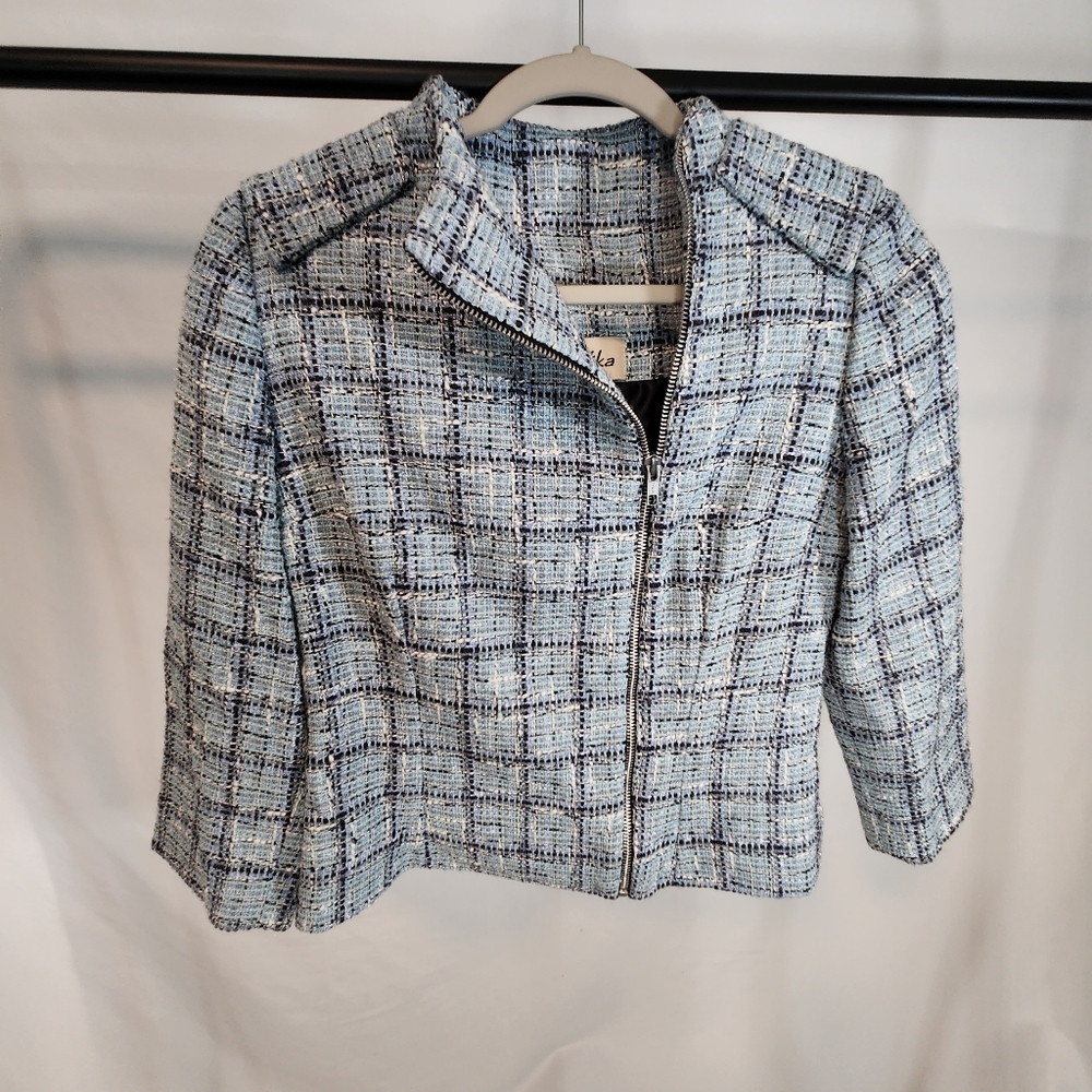 Vika Women's Small Dress Jacket Coat Tweed Cashmere Blue White NWT $398 Zip